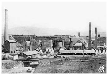 The Aberdare Ironworks in the 1880's shortly after it's closure in 1875. The site buildings are still in a good condition at this date and the three blast furnaces can be seen in the centre of the photograph.