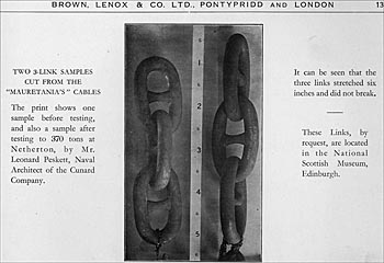Chain links fron the SS Mauretania before testing (left) and after testing (right) under a load of 370 tons