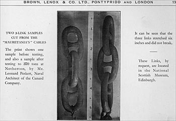 Dolenni cadwyn o'r SS Mauretania cyn eu profi (chwith) ac ar ôl eu profi (de) dan lwyth o 370 tunnell