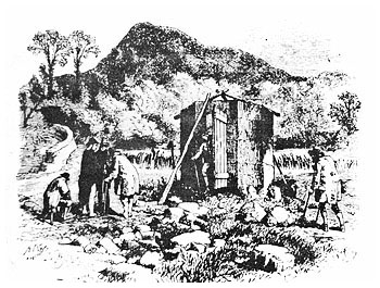 An illustration showing the hut covering the warm water well for the privacy of its' occupants